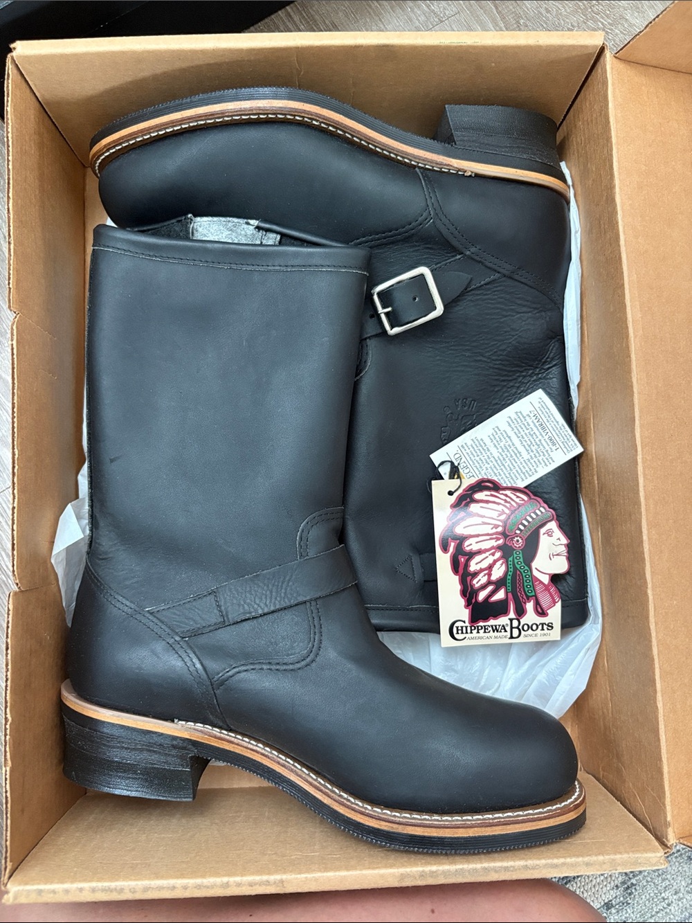 Chippewa Black Leather Engineer Boots with Buckle